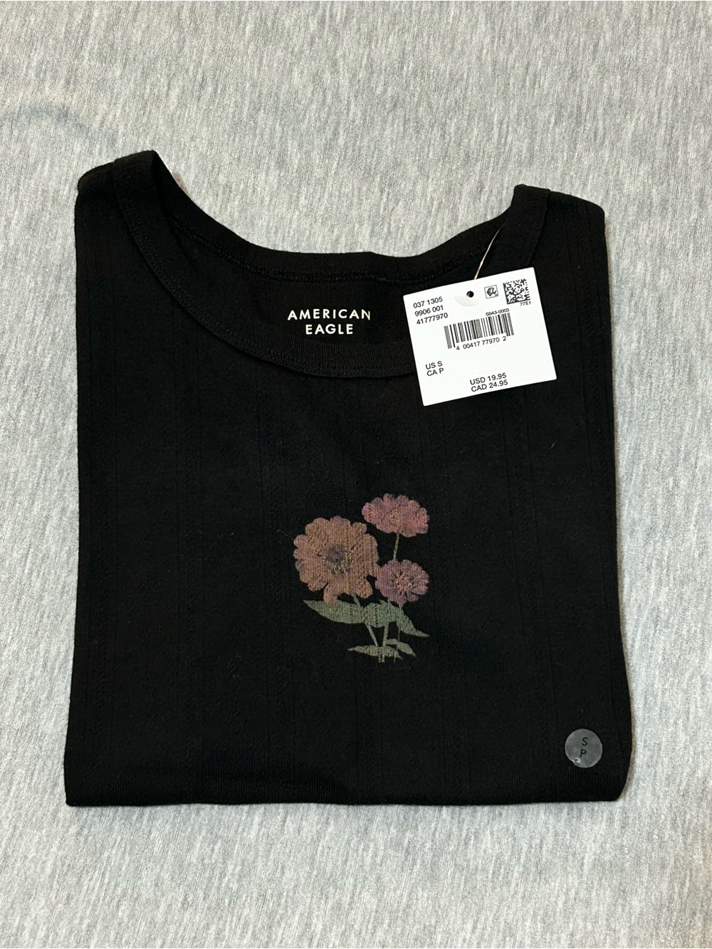 American Eagle Outfitters Black Tee with Pink Floral Print